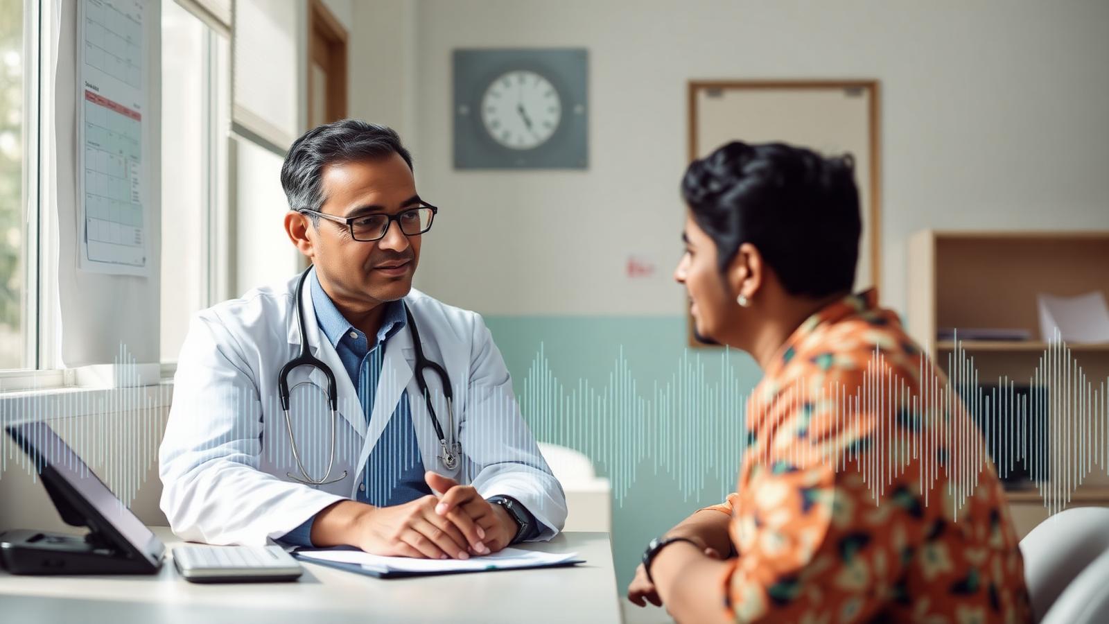 Indian doctor consulting a patient in a modern OPD with a soft audio waveform overlay